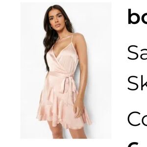 Boohoo Champagne Satin Frill Skirt Wrap Skater Dress Size 6